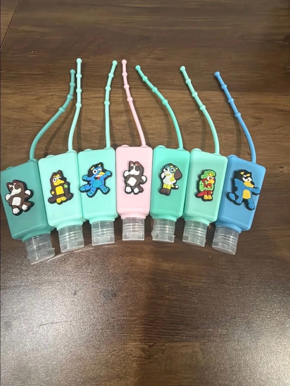 Cute Kids Silicone Hand Sanitizer Holders with Cartoon Charms - Pink & Teal